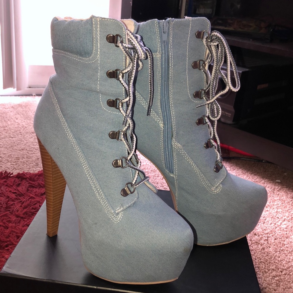 Qupid Light Blue Denim Stiletto Boots Size 10